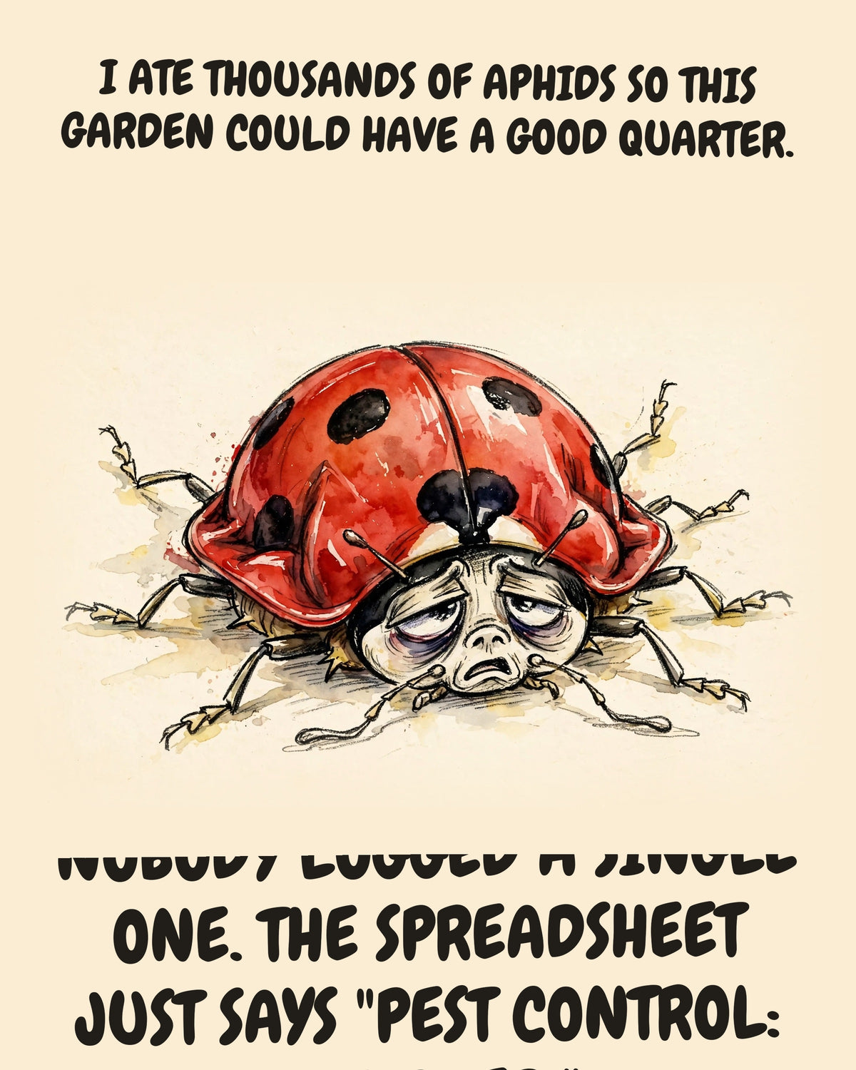 Ladybug watercolor art print with the saying "I ATE THOUSANDS OF APHIDS SO THIS GARDEN COULD HAVE A GOOD QUARTER. NOBODY LOGGED A SINGLE ONE. THE SPREADSHEET JUST SAYS "PEST CONTROL: HANDLED.""