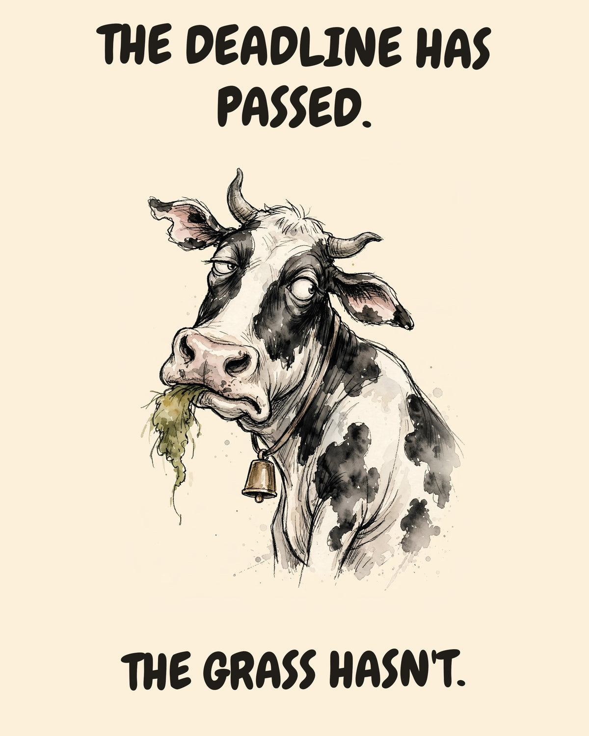 Unbothered Cow office art print in watercolor style, an unbothered cow in a moment of perfect workplace serenity, captioned “THE DEADLINE HAS PASSED. THE GRASS HASN'T.”