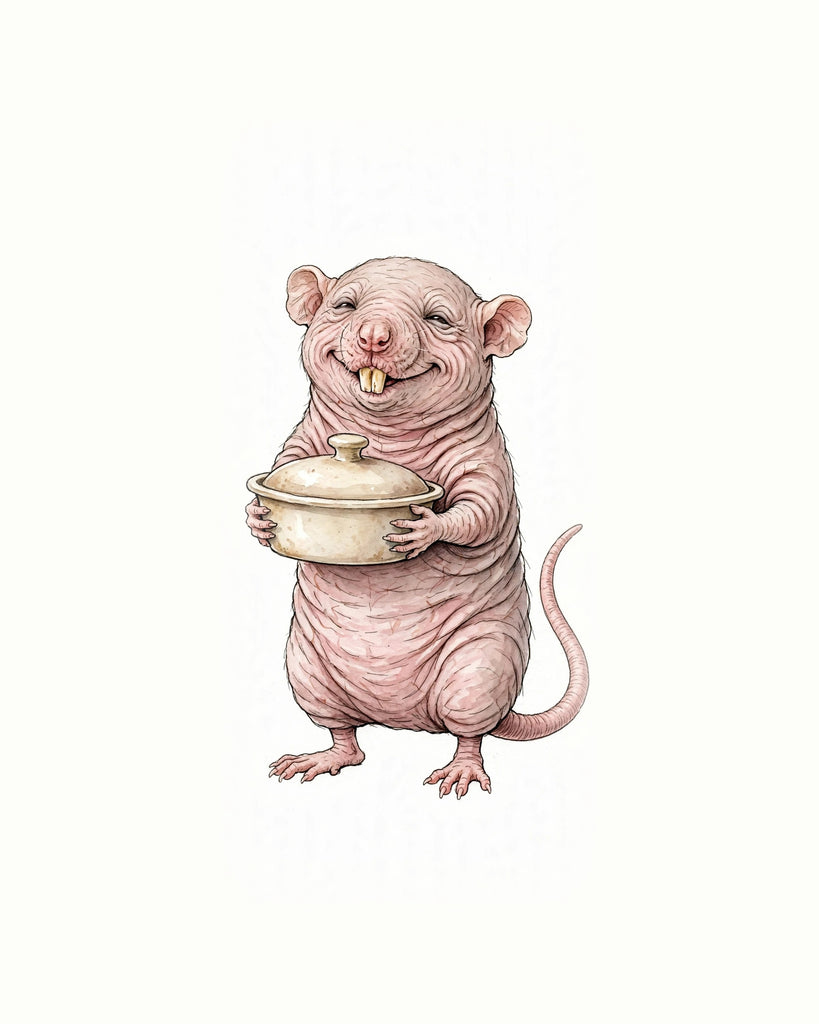 Wordless holy moly Naked Mole Rat watercolor art print — the artwork alone on a warm cream background, no text