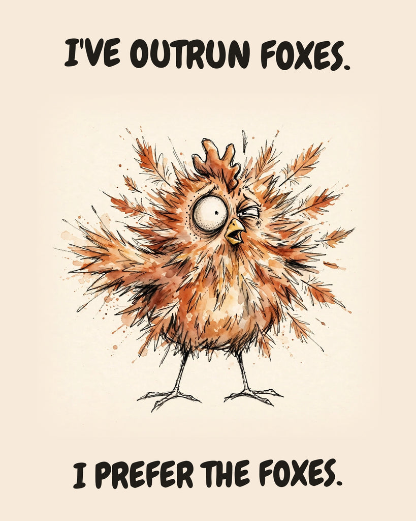 Chicken watercolor art print with the saying "I'VE OUTRUN FOXES. I PREFER THE FOXES."