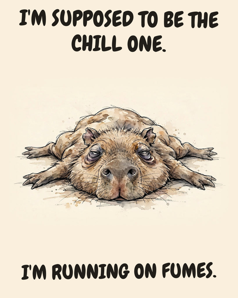 Capybara watercolor art print with the saying "I'M SUPPOSED TO BE THE CHILL ONE. I'M RUNNING ON FUMES."