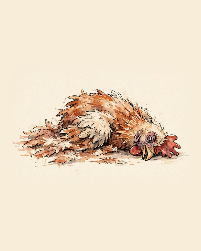 Wordless exhausted Chicken watercolor art print — the artwork alone on a warm cream background, no text