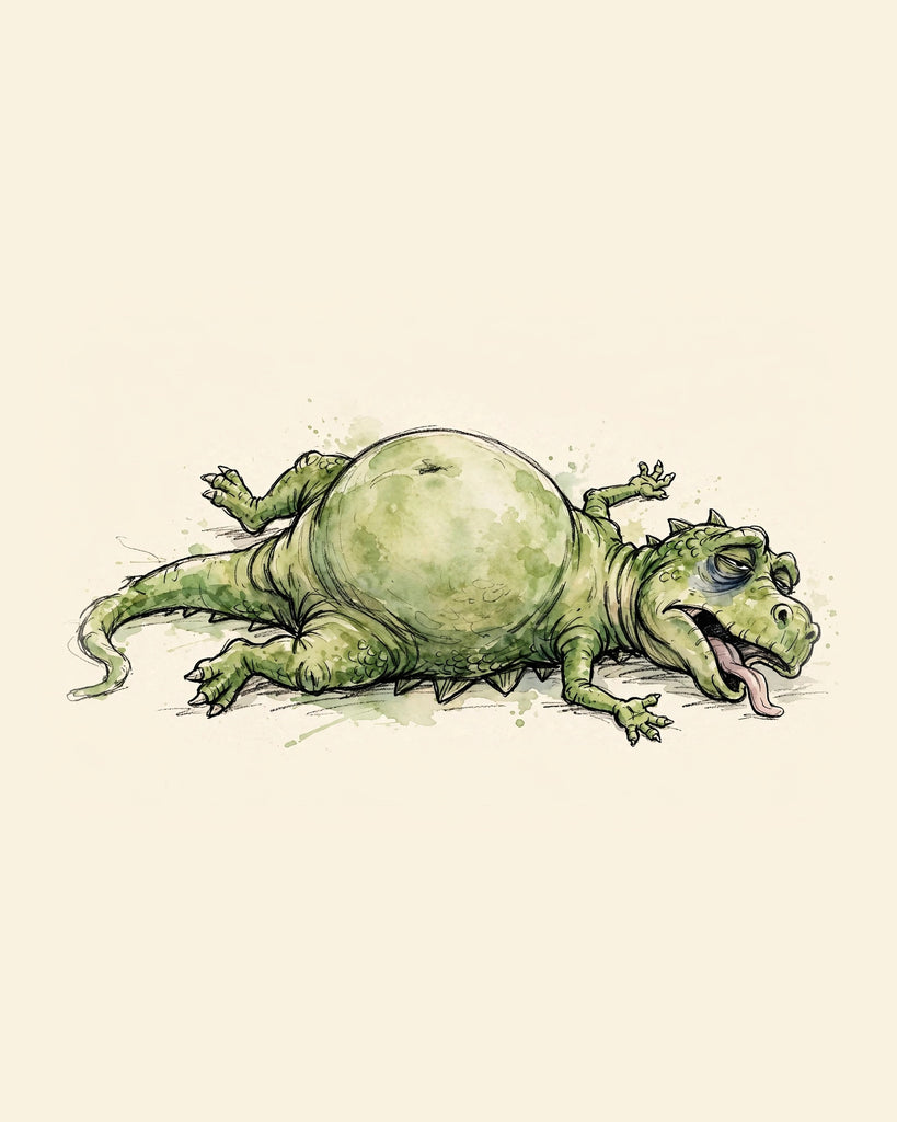 Wordless exhausted Green Dinosaur watercolor art print — the artwork alone on a warm cream background, no text