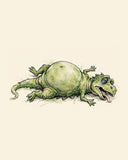 Wordless exhausted Green Dinosaur watercolor art print — the artwork alone on a warm cream background, no text