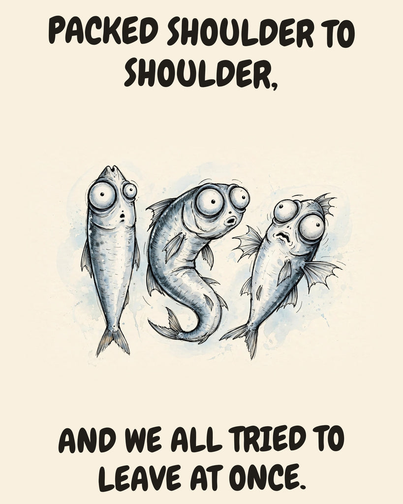 Sardines watercolor art print with the saying "PACKED SHOULDER TO SHOULDER, AND WE ALL TRIED TO LEAVE AT ONCE."