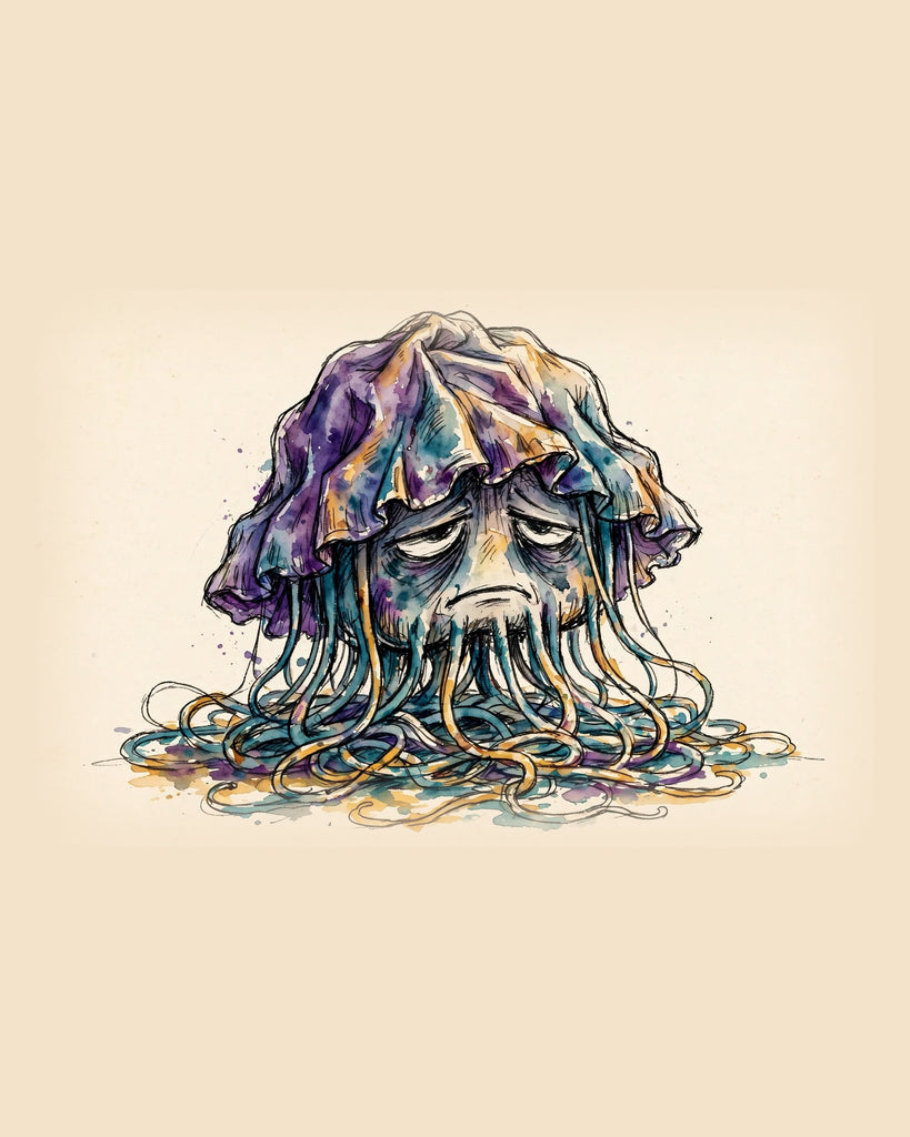 Wordless exhausted Jellyfish watercolor art print — the artwork alone on a warm cream background, no text