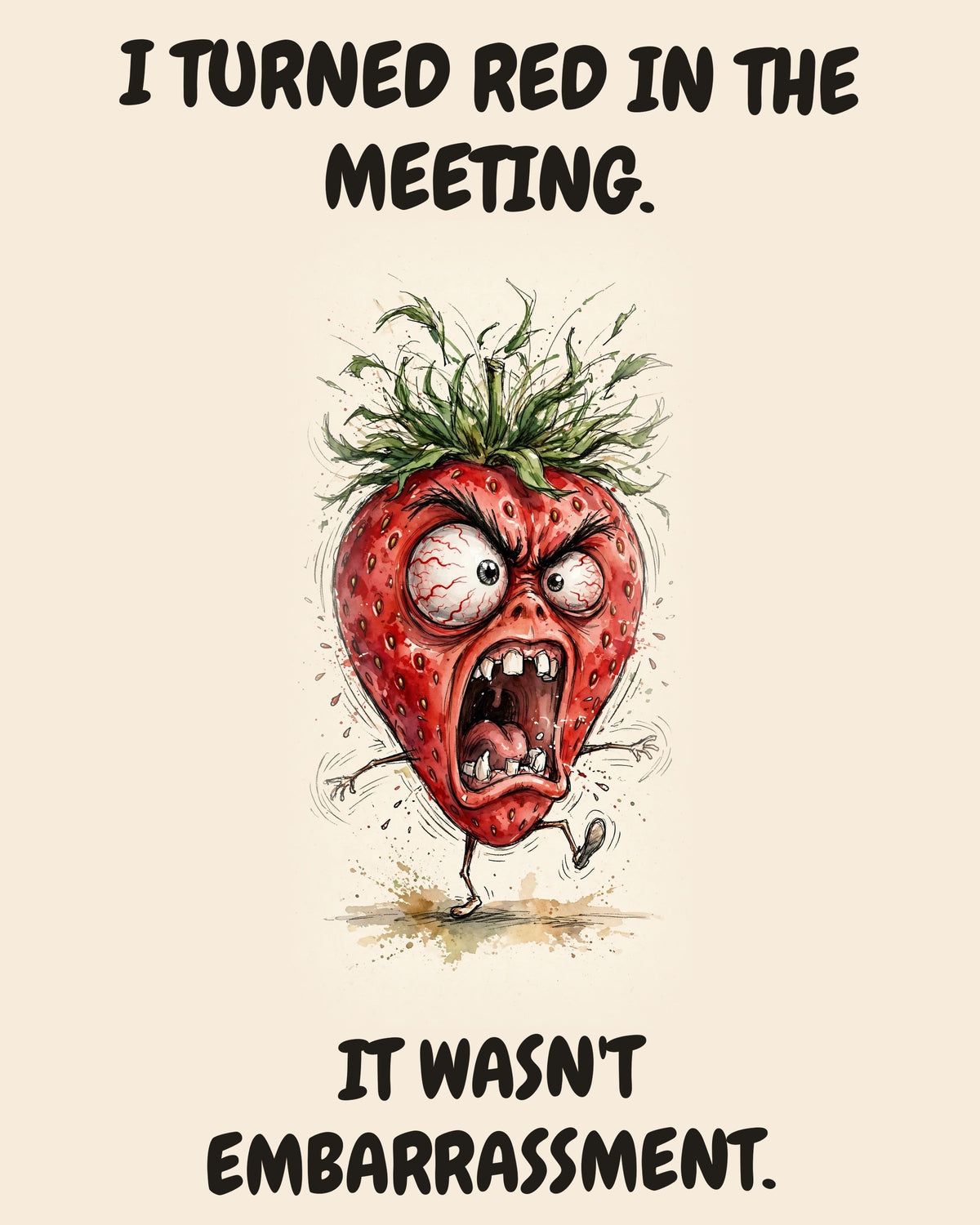 Strawberry watercolor art print with the saying "I TURNED RED IN THE MEETING. IT WASN'T EMBARRASSMENT."