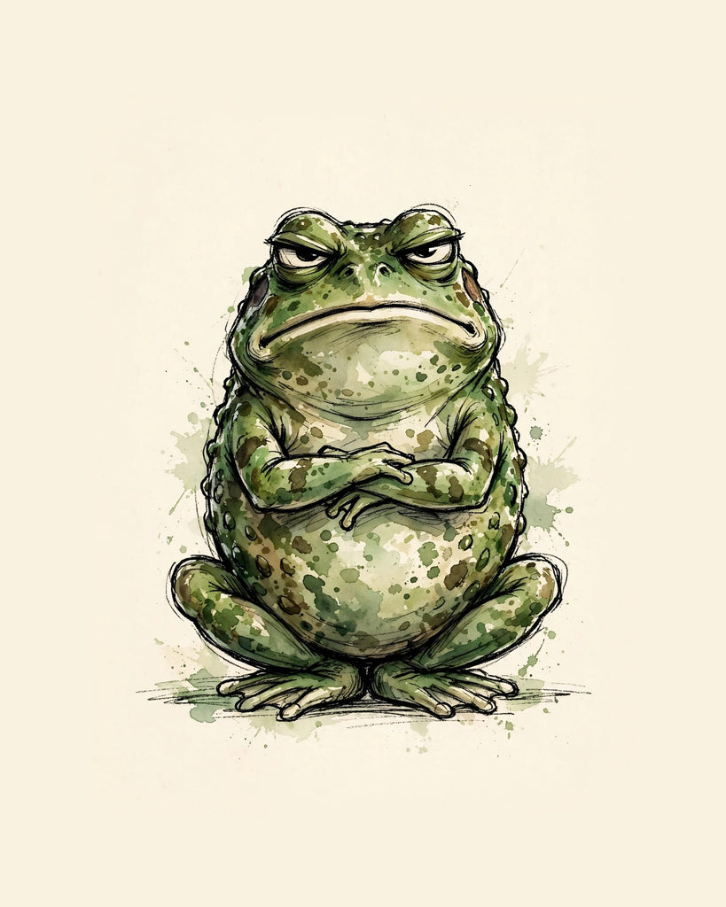 Wordless judgmental Frog watercolor art print — the artwork alone on a warm cream background, no text