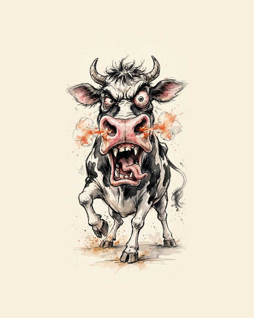 Wordless furious Cow watercolor art print — the artwork alone on a warm cream background, no text