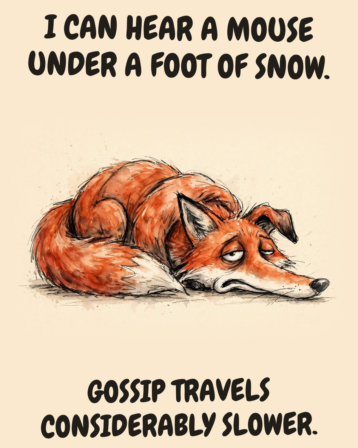 Unbothered Fox office art print in watercolor style, an unbothered fox in a moment of perfect workplace serenity, captioned “I CAN HEAR A MOUSE UNDER A FOOT OF SNOW. GOSSIP TRAVELS CONSIDERABLY SLOWER.”
