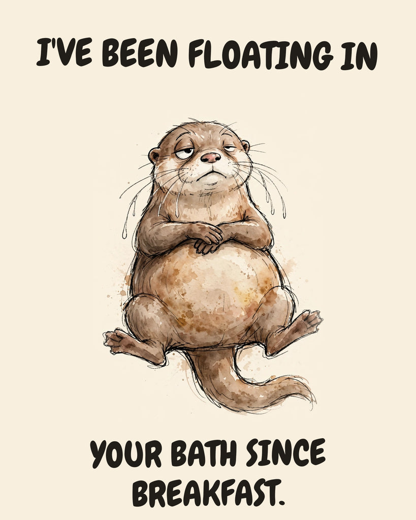Otter watercolor art print with the saying "I'VE BEEN FLOATING IN YOUR BATH SINCE BREAKFAST."