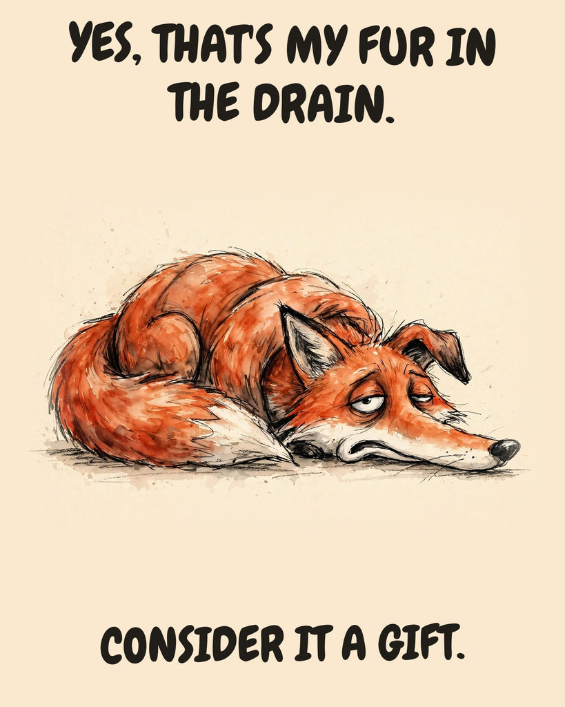 Fox watercolor art print with the saying "YES, THAT'S MY FUR IN THE DRAIN. CONSIDER IT A GIFT."