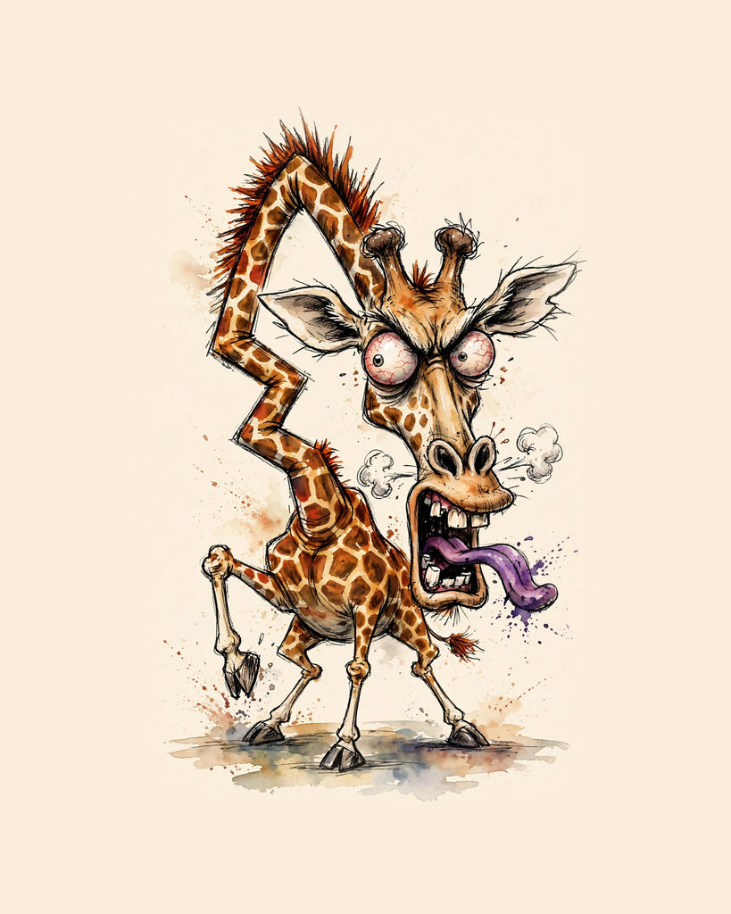Wordless furious Giraffe watercolor art print — the artwork alone on a warm cream background, no text