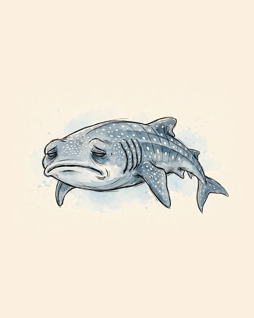 Wordless exhausted Whale Shark watercolor art print — the artwork alone on a warm cream background, no text