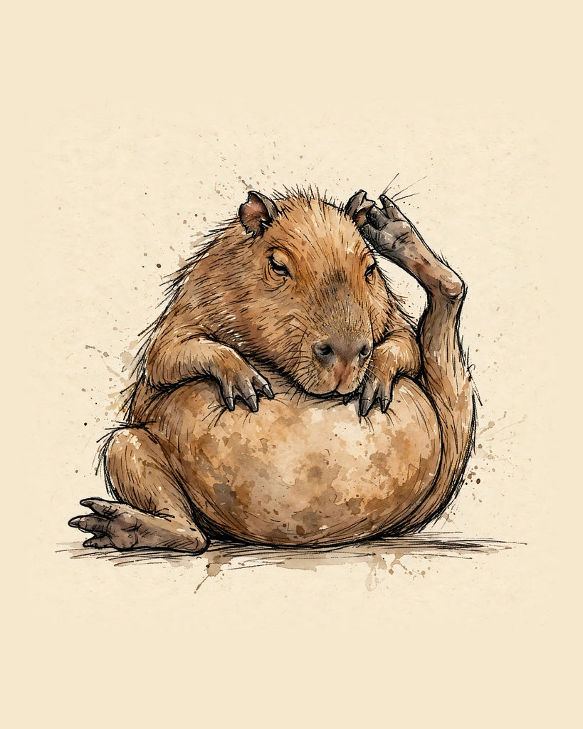 Wordless unbothered Capybara watercolor art print — the artwork alone on a warm cream background, no text