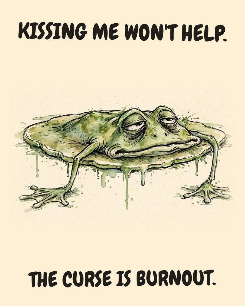 Frog watercolor art print with the saying "KISSING ME WON'T HELP. THE CURSE IS BURNOUT."