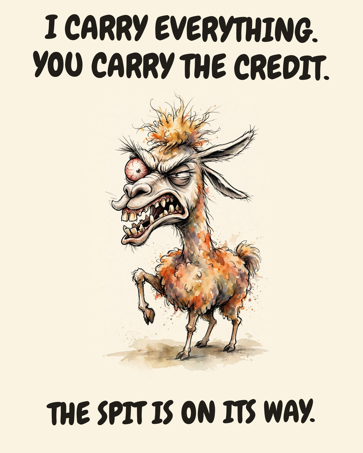 Llama watercolor art print with the saying "I CARRY EVERYTHING. YOU CARRY THE CREDIT. THE SPIT IS ON ITS WAY."