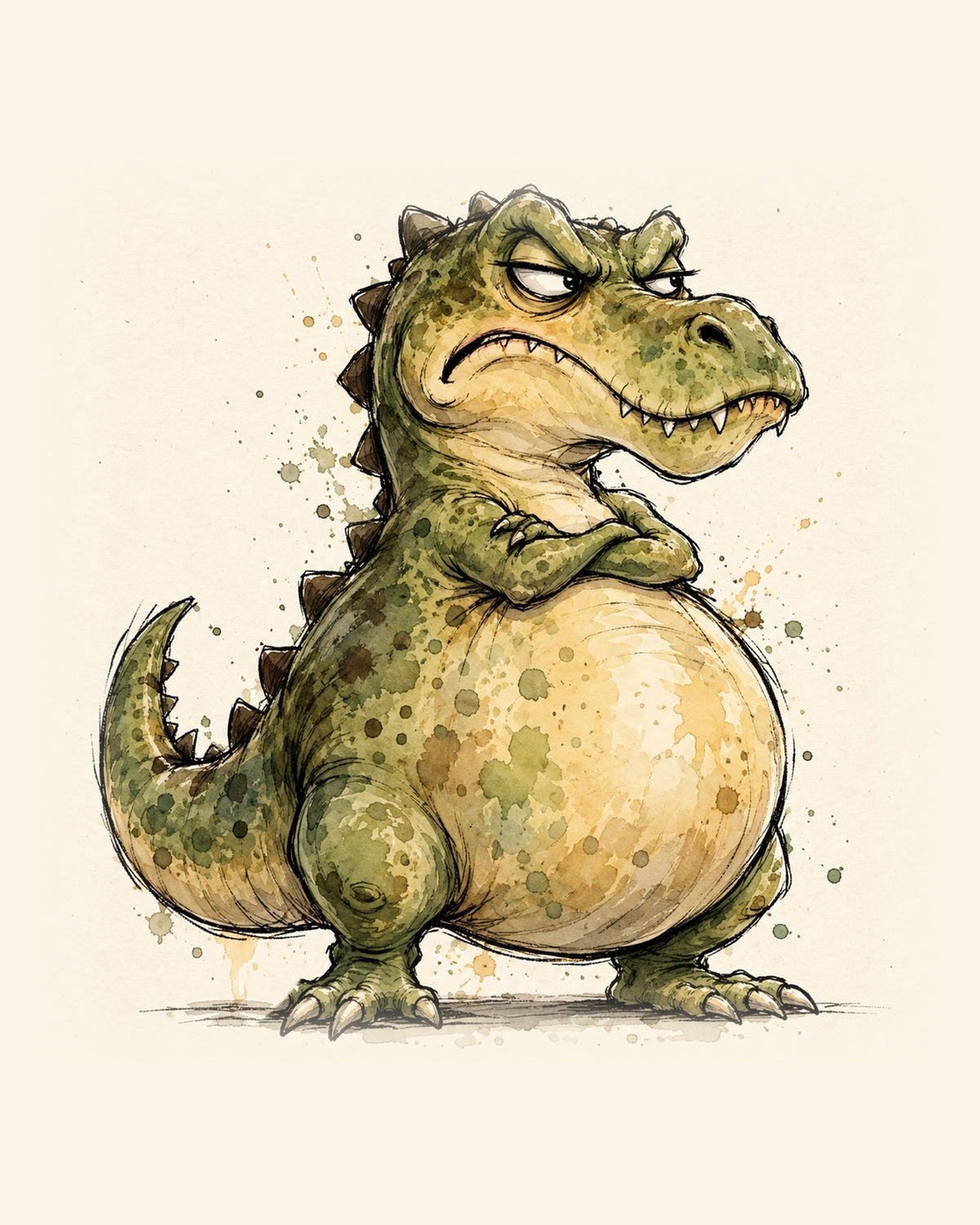 Wordless judgmental Green Dinosaur watercolor art print — the artwork alone on a warm cream background, no text