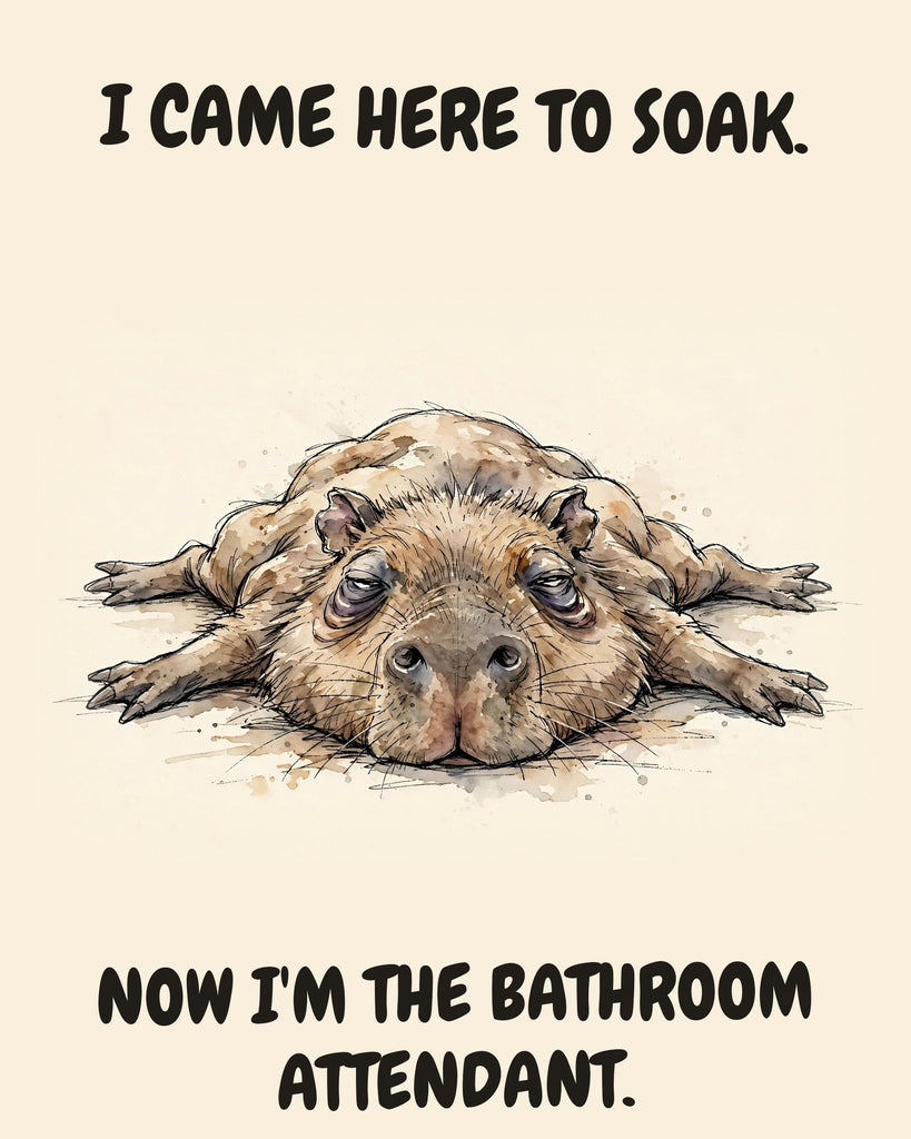 Capybara watercolor art print with the saying "I CAME HERE TO SOAK. NOW I'M THE BATHROOM ATTENDANT."