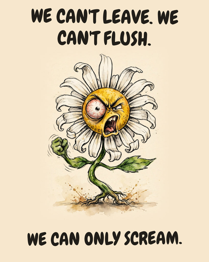 Daisies watercolor art print with the saying "WE CAN'T LEAVE. WE CAN'T FLUSH. WE CAN ONLY SCREAM."