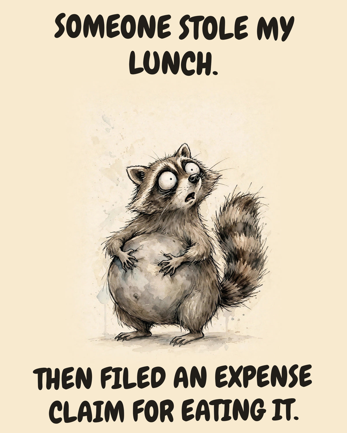 Raccoon watercolor art print with the saying "SOMEONE STOLE MY LUNCH. THEN FILED AN EXPENSE CLAIM FOR EATING IT."