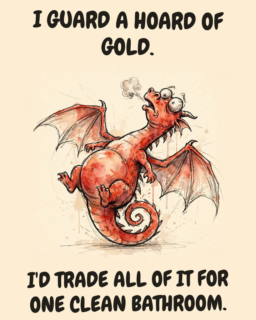 Red Dragon watercolor art print with the saying "I GUARD A HOARD OF GOLD. I'D TRADE ALL OF IT FOR ONE CLEAN BATHROOM."