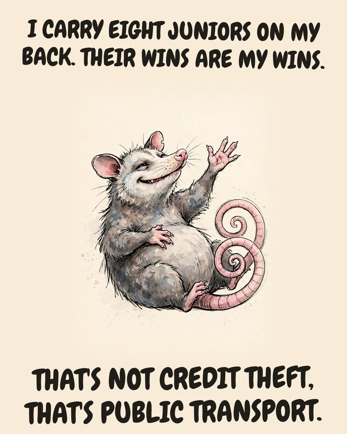 Possum watercolor art print with the saying "I CARRY EIGHT JUNIORS ON MY BACK. THEIR WINS ARE MY WINS. THAT'S NOT CREDIT THEFT, THAT'S PUBLIC TRANSPORT."