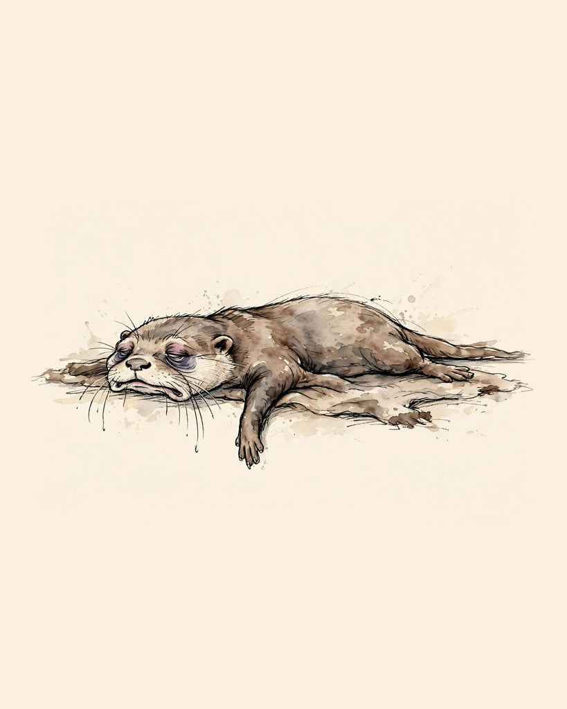 Wordless exhausted Otter watercolor art print — the artwork alone on a warm cream background, no text