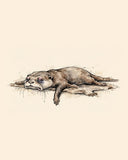 Wordless exhausted Otter watercolor art print — the artwork alone on a warm cream background, no text
