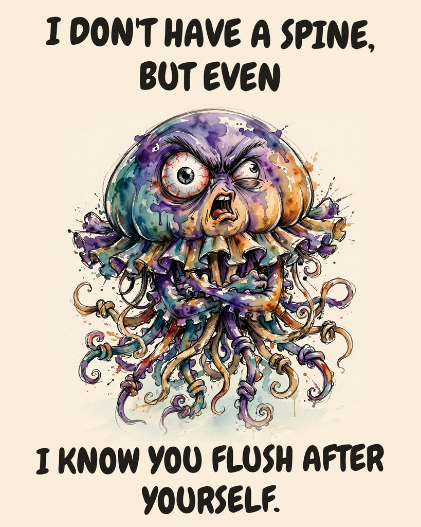 Jellyfish watercolor art print with the saying "I DON'T HAVE A SPINE, BUT EVEN I KNOW YOU FLUSH AFTER YOURSELF."