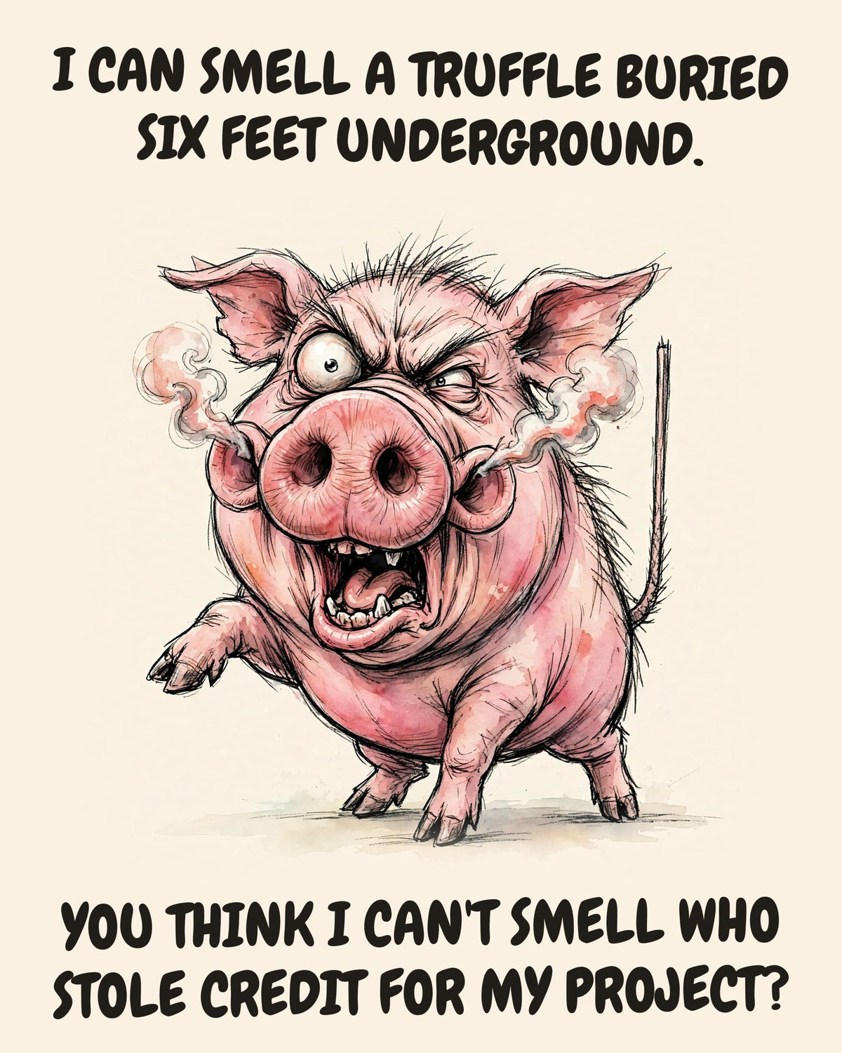 Pig watercolor art print with the saying "I CAN SMELL A TRUFFLE BURIED SIX FEET UNDERGROUND. YOU THINK I CAN'T SMELL WHO STOLE CREDIT FOR MY PROJECT?"