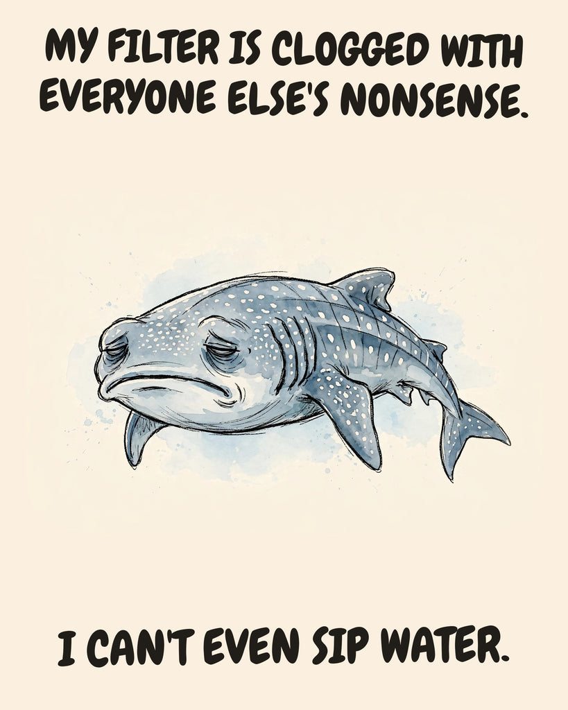 Whale Shark watercolor art print with the saying "MY FILTER IS CLOGGED WITH EVERYONE ELSE'S NONSENSE. I CAN'T EVEN SIP WATER."