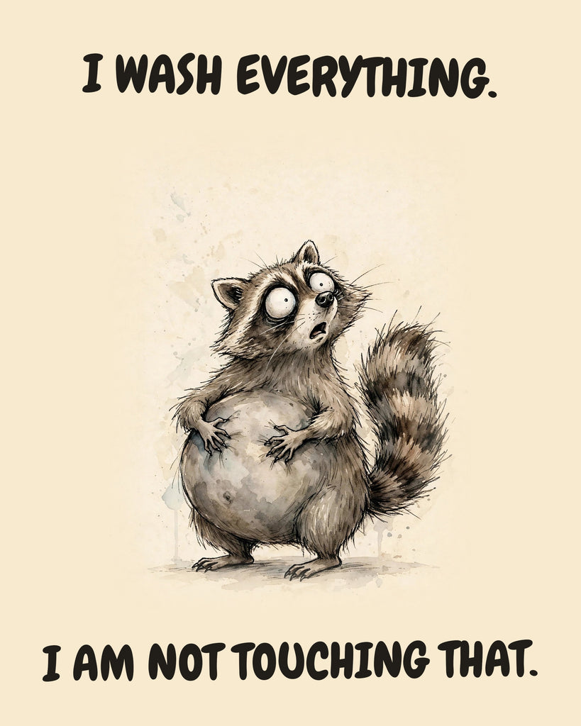 Raccoon watercolor art print with the saying "I WASH EVERYTHING. I AM NOT TOUCHING THAT."