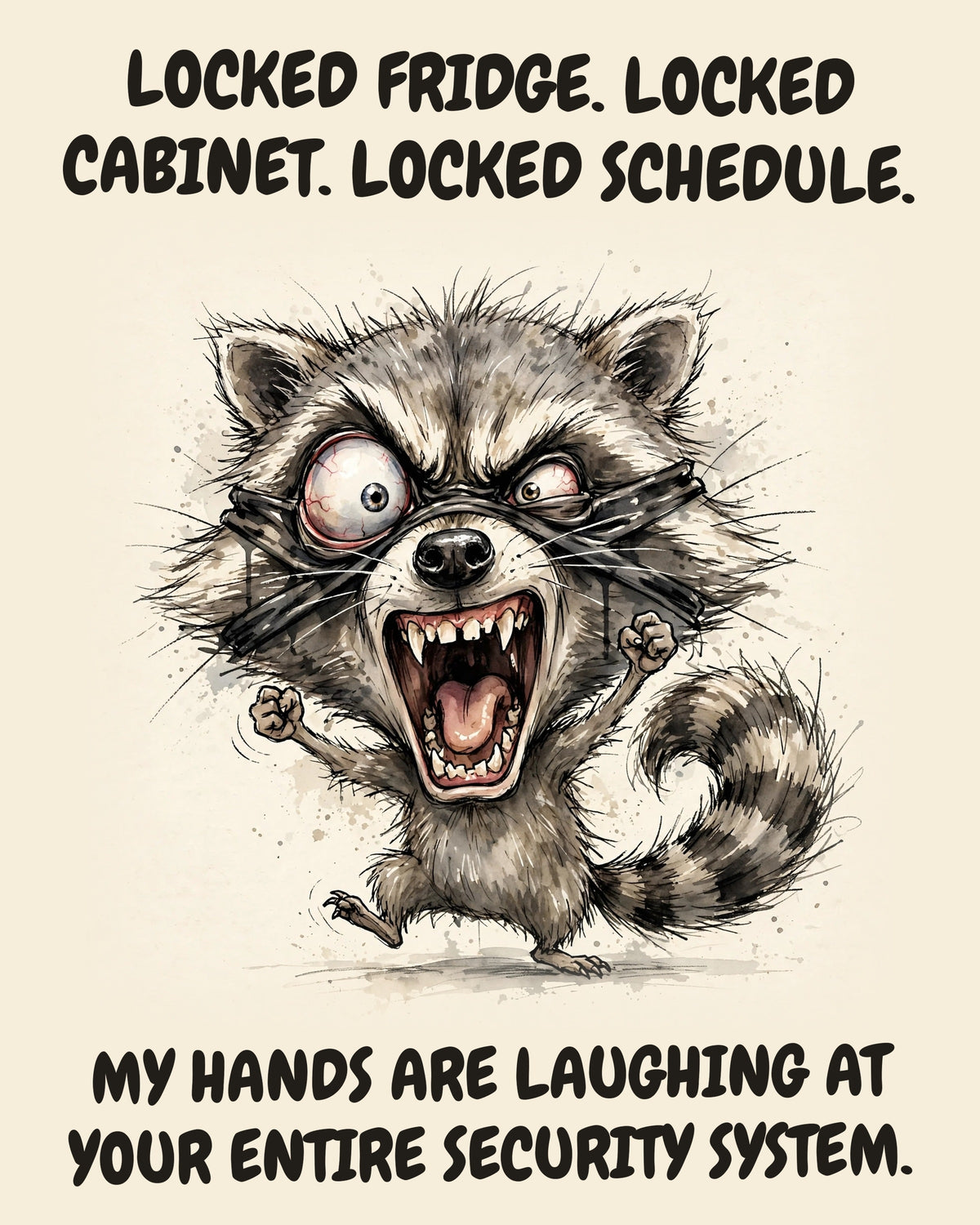 Raccoon watercolor art print with the saying "LOCKED FRIDGE. LOCKED CABINET. LOCKED SCHEDULE. MY HANDS ARE LAUGHING AT YOUR ENTIRE SECURITY SYSTEM."