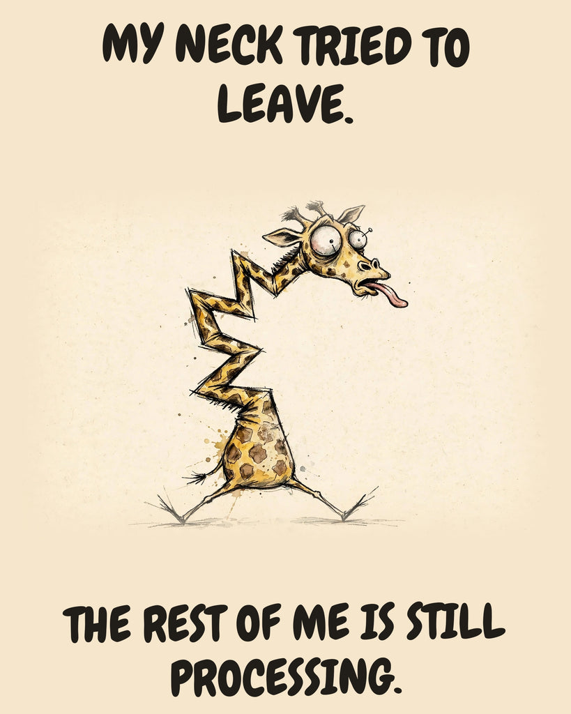 Giraffe watercolor art print with the saying "MY NECK TRIED TO LEAVE. THE REST OF ME IS STILL PROCESSING."