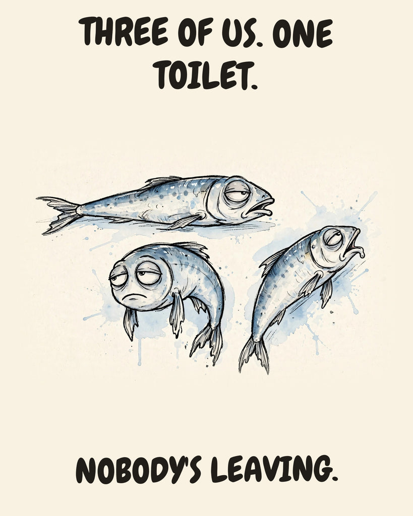 Sardines watercolor art print with the saying "THREE OF US. ONE TOILET. NOBODY'S LEAVING."
