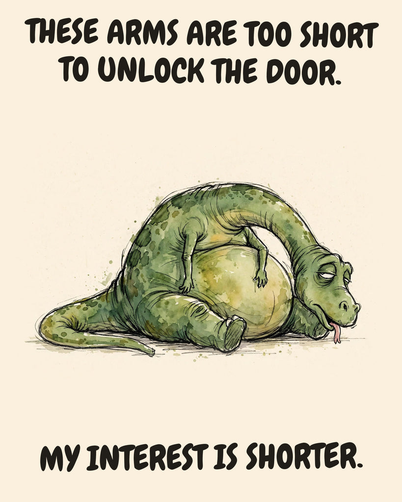 Green Dinosaur watercolor art print with the saying "THESE ARMS ARE TOO SHORT TO UNLOCK THE DOOR. MY INTEREST IS SHORTER."