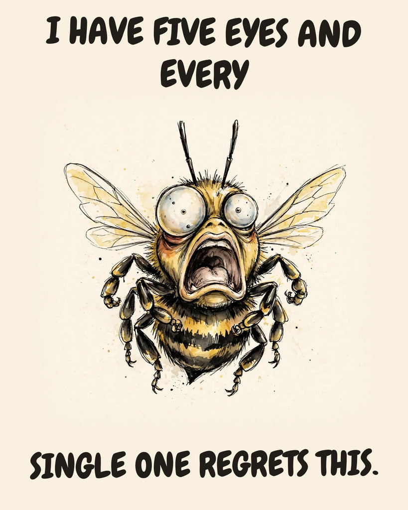 Bee watercolor art print with the saying "I HAVE FIVE EYES AND EVERY SINGLE ONE REGRETS THIS."