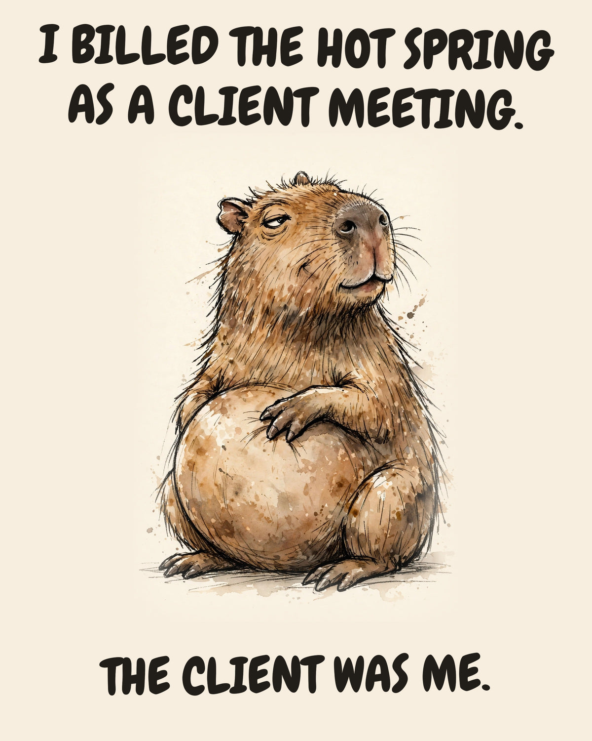 Capybara watercolor art print with the saying "I BILLED THE HOT SPRING AS A CLIENT MEETING. THE CLIENT WAS ME."