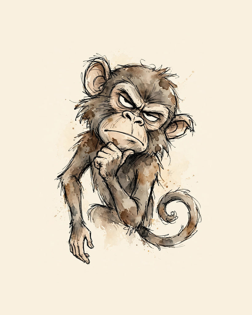 Wordless judgmental Monkey watercolor art print — the artwork alone on a warm cream background, no text
