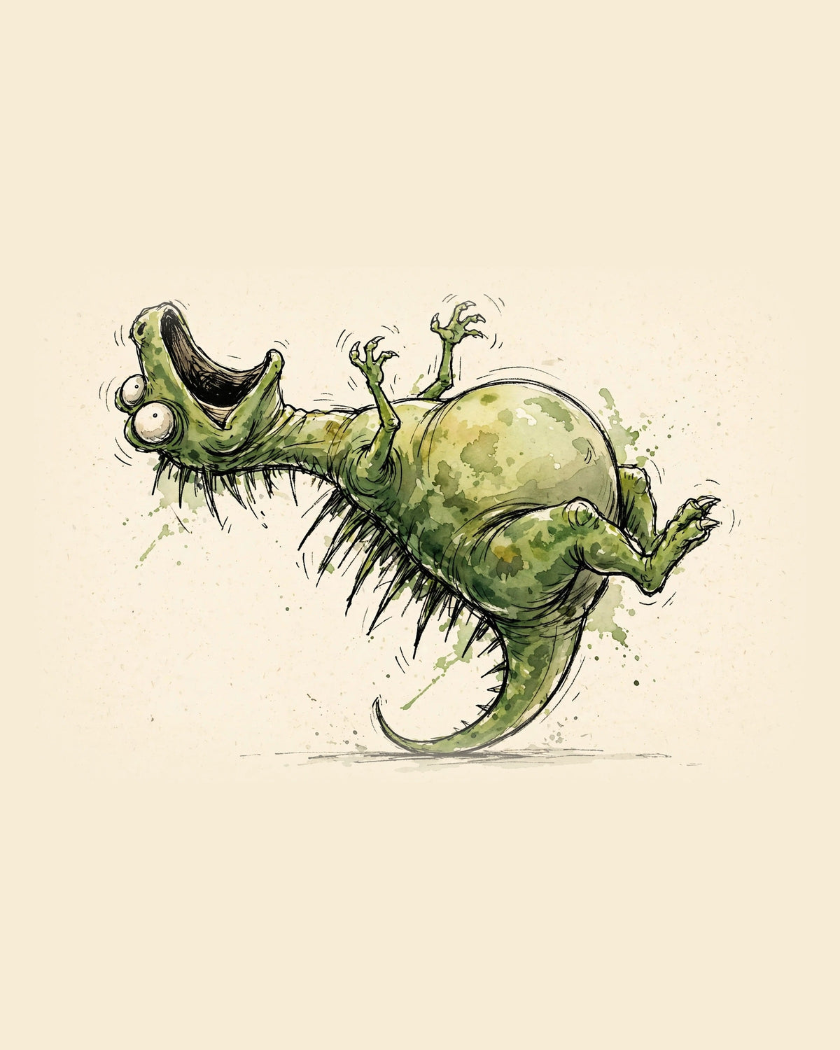 Wordless horrified Green Dinosaur watercolor art print — the artwork alone on a warm cream background, no text