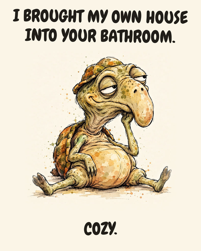 Turtle watercolor art print with the saying "I BROUGHT MY OWN HOUSE INTO YOUR BATHROOM. COZY."