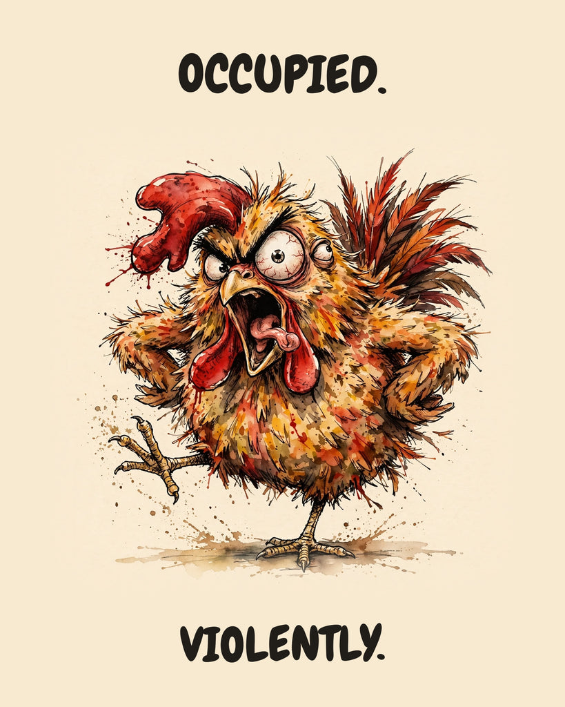Chicken watercolor art print with the saying "OCCUPIED. VIOLENTLY."