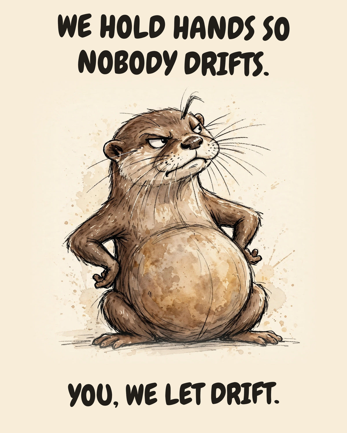 Otter watercolor art print with the saying "WE HOLD HANDS SO NOBODY DRIFTS. YOU, WE LET DRIFT."