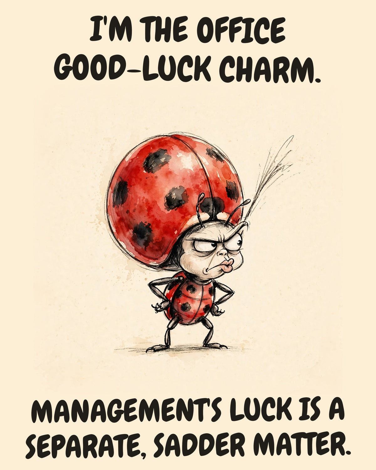 Ladybug watercolor art print with the saying "I'M THE OFFICE GOOD-LUCK CHARM. MANAGEMENT'S LUCK IS A SEPARATE, SADDER MATTER."