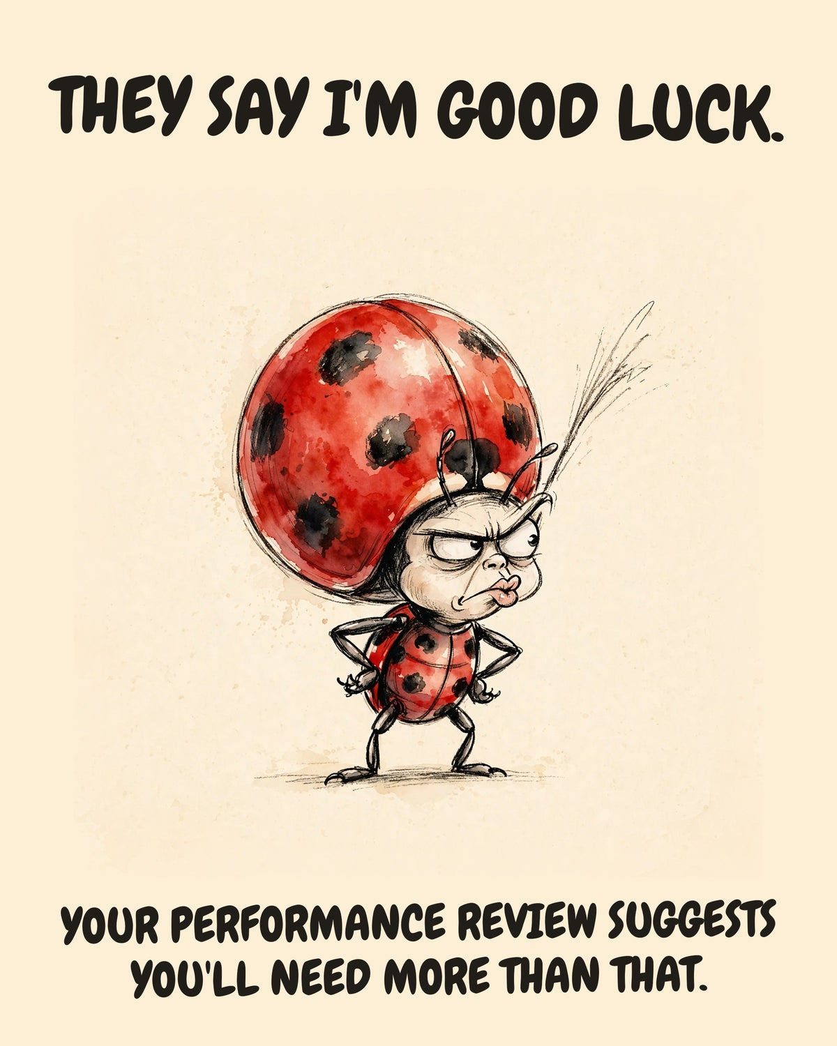 Ladybug watercolor art print with the saying "THEY SAY I'M GOOD LUCK. YOUR PERFORMANCE REVIEW SUGGESTS YOU'LL NEED MORE THAN THAT."