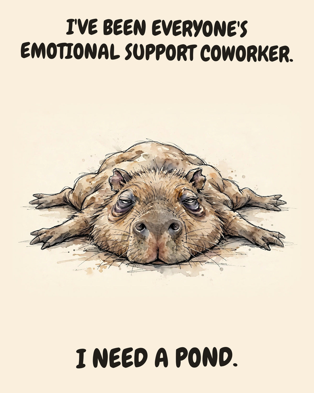 Capybara watercolor art print with the saying "I'VE BEEN EVERYONE'S EMOTIONAL SUPPORT COWORKER. I NEED A POND."