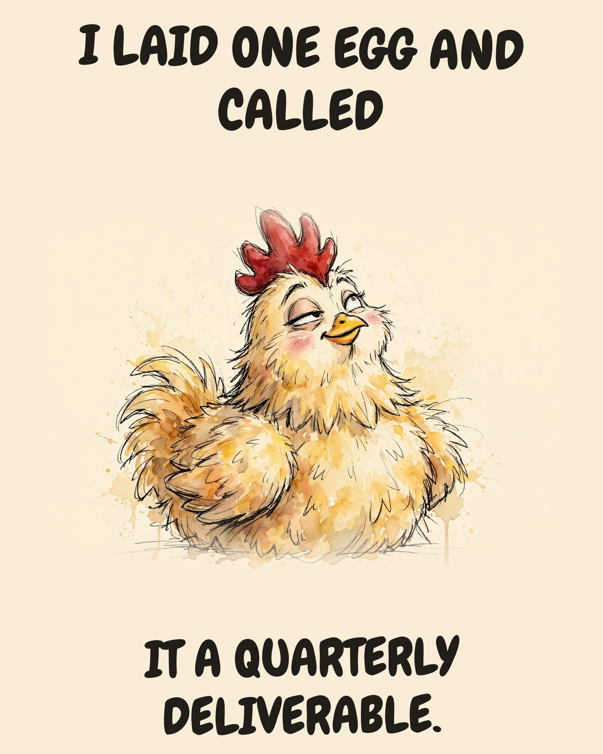 Chicken watercolor art print with the saying "I LAID ONE EGG AND CALLED IT A QUARTERLY DELIVERABLE."