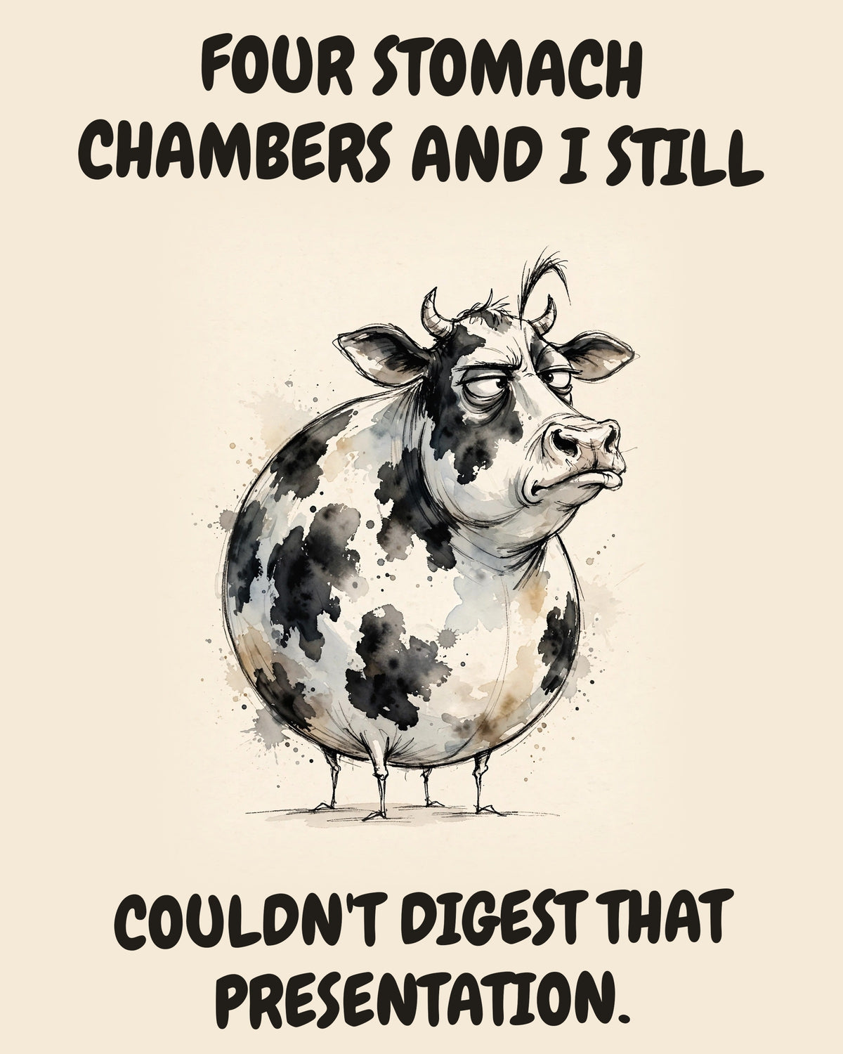 Cow watercolor art print with the saying "FOUR STOMACH CHAMBERS AND I STILL COULDN'T DIGEST THAT PRESENTATION."