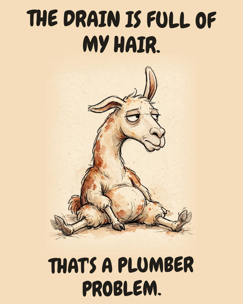 Llama watercolor art print with the saying "THE DRAIN IS FULL OF MY HAIR. THAT'S A PLUMBER PROBLEM."